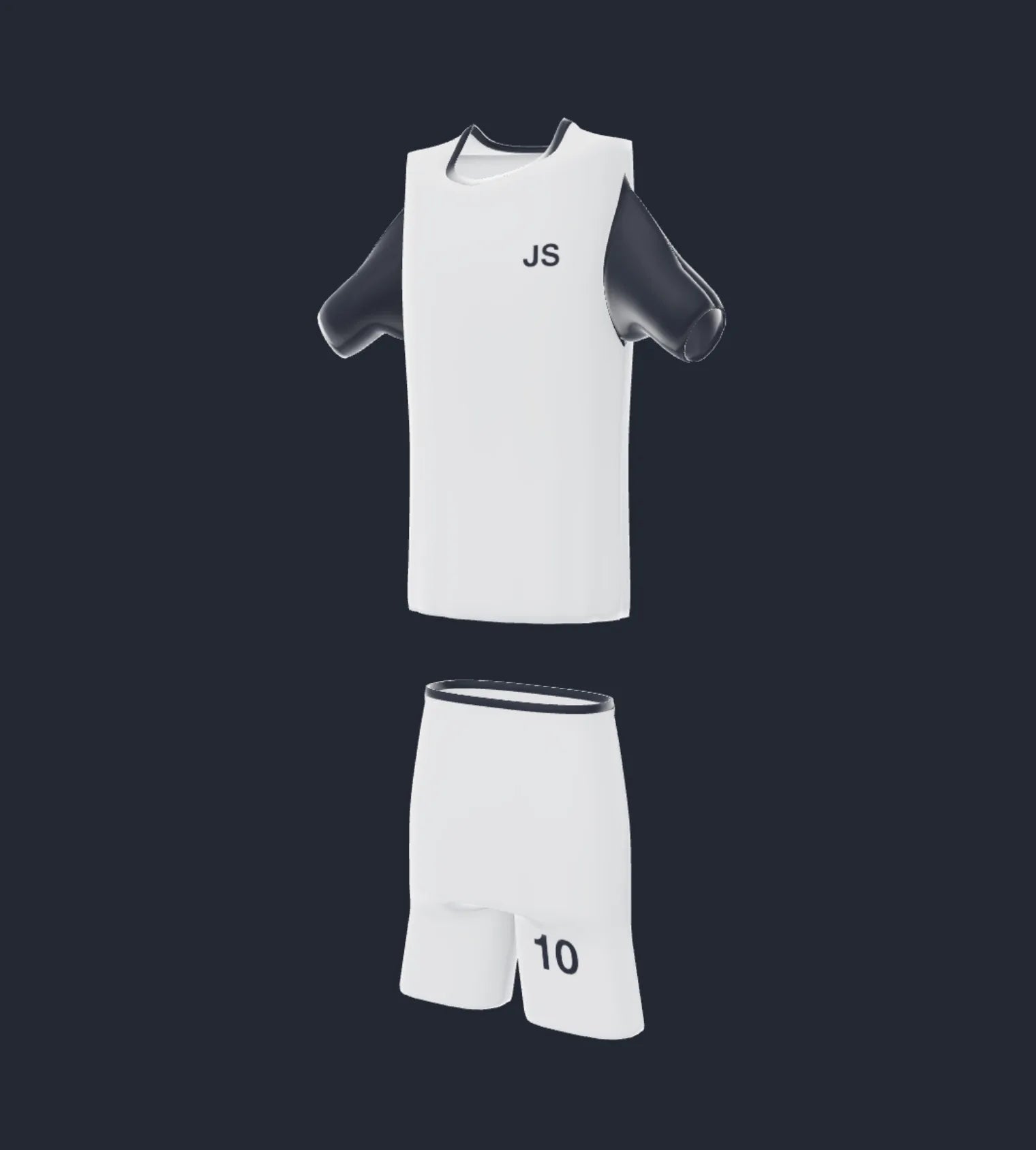 A white football kit with navy sleeves turning on a stand, with a player's initials on the chest, their name and squad number across the back and the number on the left leg of the shorts.