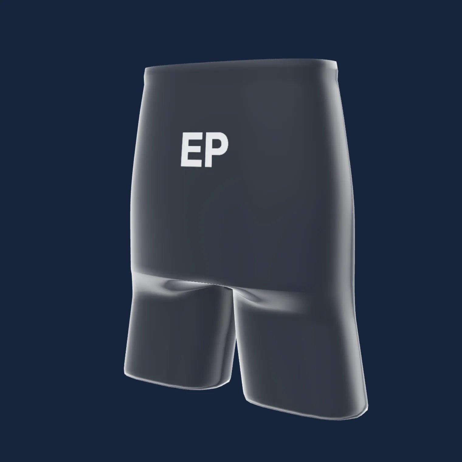 A pair of dark work shorts turning on a stand, with a logo printed on the thigh.